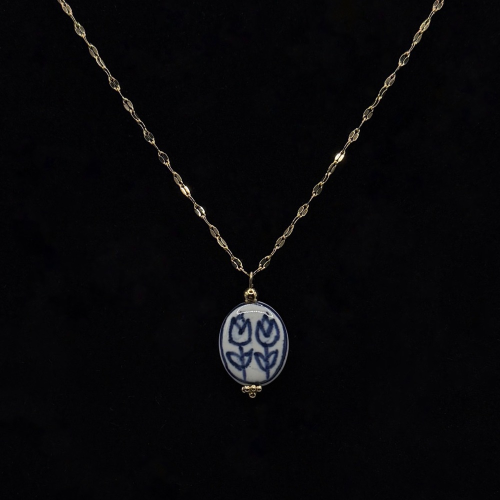 Blue and White Floral Ceramic Pendant on Stainless Steel Necklace - Picture 7 of 13